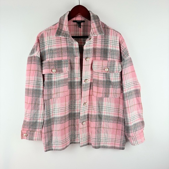 Forever 21 Women Pink Gray Plaid Plaid Pearl Button Shacket Shirt Jacket Small - Picture 1 of 5